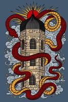 Hand drawn colorful illustration with old tower and snake - symbol of the year according to eastern horoscope. Graphic artwork with esoteric, gothic and mystic concept vector