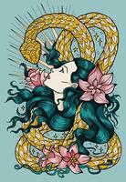Hand drawn colorful illustration with beautiful girl and snake - symbol of the year according to eastern horoscope. Graphic artwork with esoteric, gothic and mystic concept vector