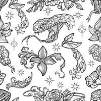 Seamless pattern with line art illustrations of the snake - symbol of the year according to eastern horoscope, patterns and flowers on white. Doodle artworks with esoteric, gothic and mystic concept vector