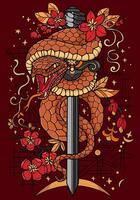 Hand drawn colorful illustration with sword and snake - symbol of the year according to eastern horoscope. Graphic artwork with esoteric, gothic and mystic concept, mythology and legend vector