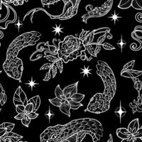Seamless pattern with line art illustrations of the snake - symbol of the year according to eastern horoscope, patterns and flowers on black. Doodle artwork with esoteric, gothic and mystic concept vector