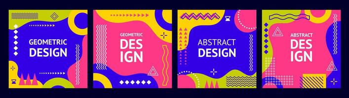 Abstract Memphis geometric banners with patterns vector