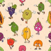 Retro groovy tropical fruit characters pattern vector