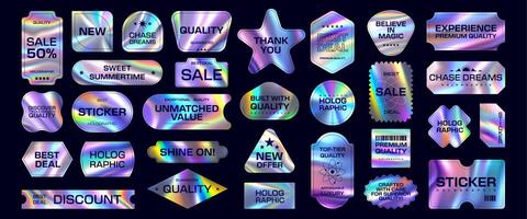Hologram y2k stickers, iridescent gradient labels vector