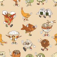 Seamless pattern of retro Asian cuisine characters vector