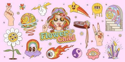 Retro groovy hippie flower child icons set vector