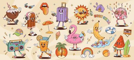 Retro cartoon groovy leisure and travel characters vector