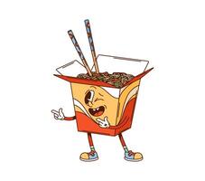 Cartoon groovy wok box fast food retro character vector