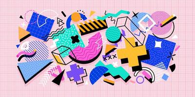 Abstract geometric Memphis banner, modern shapes vector