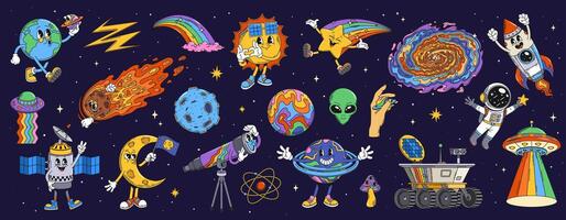 Retro cartoon groovy space characters set vector
