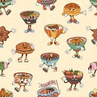 Groovy Japanese cuisine character seamless pattern vector