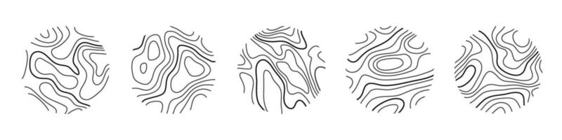 Circular wood rings or topographic map lines texture set. Wood tree topographic abstract lines collection vector