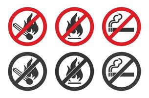 No open fire, no smoking icon symbol. No open flame sparkle logo sign. Not allowed, do not make fire. Prohibition, Prohibited, forbidden. Red circle illustration. Isolated on white background. vector