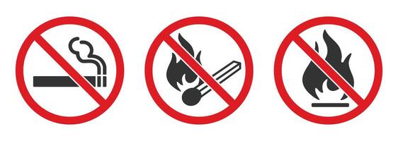 No open fire, no smoking icon symbol. No open flame sparkle logo sign. Not allowed, do not make fire. Prohibition, Prohibited, forbidden. illustration. Isolated on white background. vector