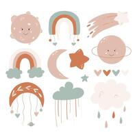 Set of cute boho baby objects in Scandinavian style. Boho style nursery decoration. hand drawn boho clipart for nursery decoration with cute rainbows and moon, sun, cloud. illustration vector