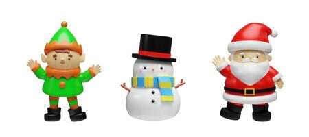 3d render set of Santa Claus, elf and snowman. illustration of three dimensional traditional characters. Collection for advertising, party, celebration. Merry Christmas and Happy New Year. vector