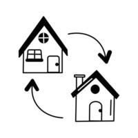 Arrows between houses, symbolizing property exchange or relocation vector