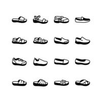 This set of simple icons depicts various types of footwear including sandals, sneakers, loafers, and slippers vector
