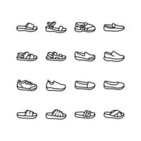 This set of simple icons depicts various types of footwear including sandals, sneakers, loafers, and slippers vector