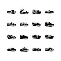 This set of simple icons depicts various types of footwear including sandals, sneakers, loafers, and slippers vector