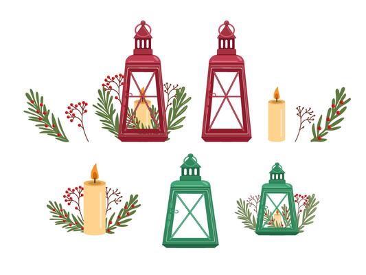 Winter Christmas lanterns, cute decor in flat style. Elements set.