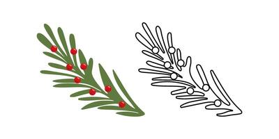 Christmas Tree outline and colored branch with red berries. Winter seasonal coniferous sprig. Christmas holiday element. Flat style isolated illustration. vector
