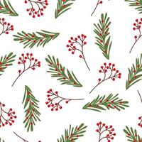 Christmas branches with red berries seamless pattern. vector