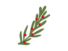 Christmas Tree branch with red berries. Winter seasonal coniferous sprig. Christmas holiday element. Flat style isolated illustration. vector