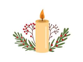 Flat style burning candle decorated with christmas branches with red berries. vector
