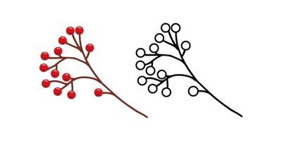 Red berries outline and colored branch, clipart in flat style. Isolated on white background. vector
