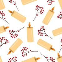 Flat style burning candle and branches with red berries. Seamless pattern. vector