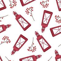 Winter Christmas lantern and branches with red berries, seamless pattern. Decor in flat design. vector