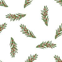 Christmas colored Tree branch with red berries seamless pattern. Winter coniferous sprig. Flat style isolated illustration. vector
