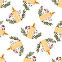 burning candle with christmas branches and red berries in a seamless flat style pattern vector