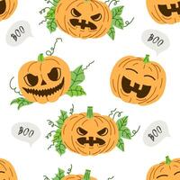 seamless halloween pattern featuring hand-drawn pumpkins in flat style vector