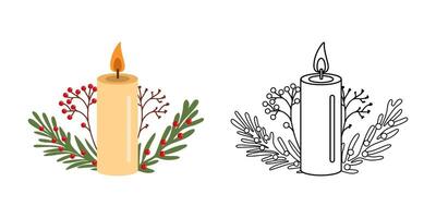 Flat style outline and colored burning candle decorated with christmas branches with red berries. vector
