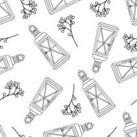 Winter Christmas lantern and branches with berries, outline seamless pattern. vector