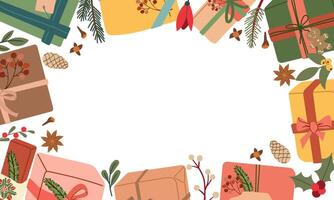Decorative Frame made of Christmas Ornaments, Pine Branches,gift boxes and cute Christmas cozy elements top view. Hand drawn doodle elements isolate on white . vector