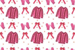 pattern with winter clothes. Warm winter clothes for walking. Knitted sweater and gloves and bow pattern . set of pink color . vector