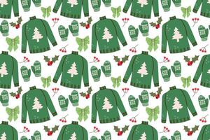 Winter pattern with knitted jumpers,and mittens. Cute background with ugly sweaters. Repeating texture for New Year holidays. Christmas ornament. Hand drawn cozy winter elements . vector