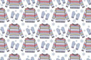 Winter seamless pattern with knitted jumpers,and mittens. Cute background with ugly sweaters. Repeating texture for New Year holidays. Christmas ornament. Hand drawn cozy winter elements . vector