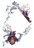 Gothic floral frame hand drawn. Black iris flowers and branch watercolor illustration isolated on white. Botanical decoration with snag and feathers for dark party. Element for invitation, printing. vector