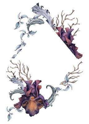 Gothic floral frame hand drawn. Black iris flowers and branch watercolor illustration isolated on white. Botanical decoration with snag and feathers for dark party. Element for invitation, printing.