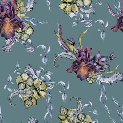 Black floral watercolor illustration and feathers isolated on blue. Gothic flowers seamless pattern drawn. Dark botanical print with lily, iris. Element for package, wedding, Valentine background.