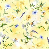 Floral seamless pattern with medicinal plants in watercolor isolated on yellow backdrop. Yarrow. celandine botanical print in sketch. Bur marigold, cornflower hand drawn. Design for textile, package. vector