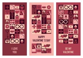 Set of festive vertical banners Happy Valentines day. Templates for greeting card or invitation in abstract modern geometric style. illustration vector