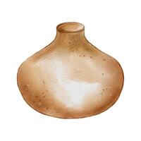 Wide flat pottery vase unique shapes hand drawn. Vase Handcrafted in ocher color watercolor illustration isolated. Handmade ceramic in rustic aesthetic. For ceramics workshop, school, modeling clay vector