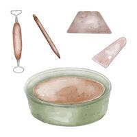 Pottery wheel and modeling tools in watercolor illustration isolated. Items for ceramic craft in pastel tone hand drawn. Stacks, spatula for pottery. For ceramics workshop, school, modeling clay vector