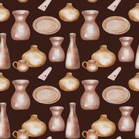 Pottery handcrafted in natural tones watercolor seamless pattern isolated. Various vase different shape and size hand drawn print. Pattern with jug handmade and pot for design textile, package, paper. vector