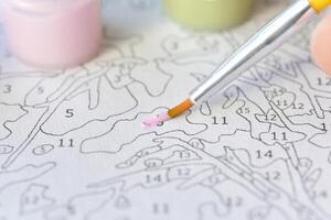 Detailed paint by number art project with bright colors and fine brush strokes for creative and relaxing activity. photo
